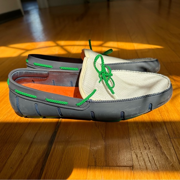 SWIMS Braided Lace Loafers Men's Sz 10 White Navy Green Machine Wash Mesh Rubber - Picture 4 of 10